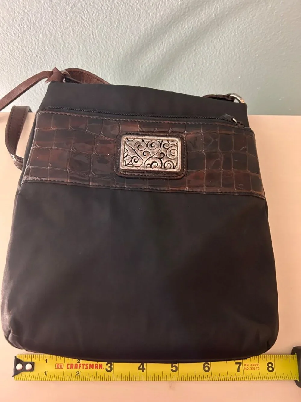 Y2K Brighton Black Nylon Crossbody Bag Brown Croc Embossed Trim Heart Charm - Picture 11 of 15